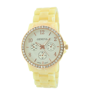 Round Face with Stones Plastic Link Watch(Beige face)