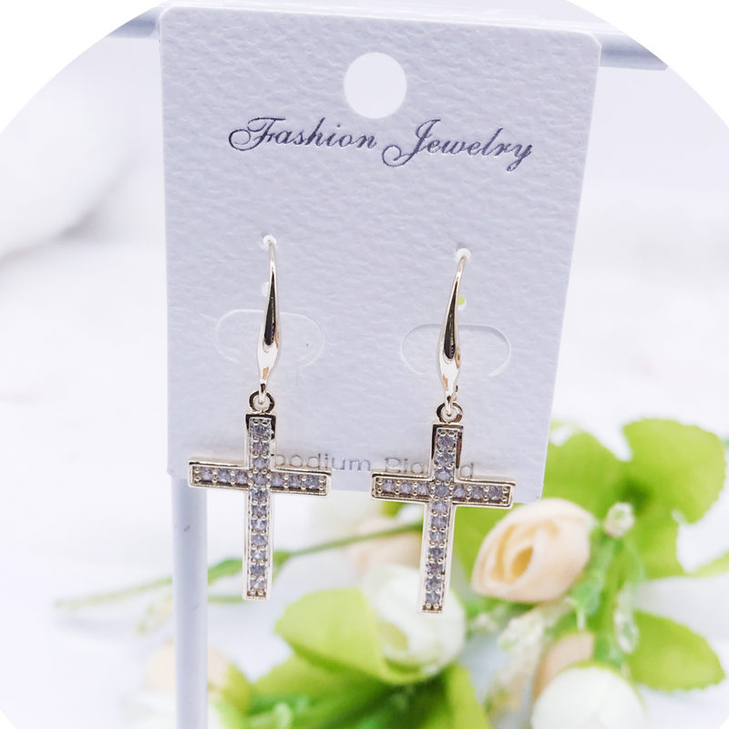 "Cross" C.Z Rhodium Plated Crystal Earring