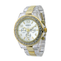 ROUND FACE WITH DOUBLE CRYSTAL STONE AROUND THE DIAL, FASHION PLASTIC BAND WATCH